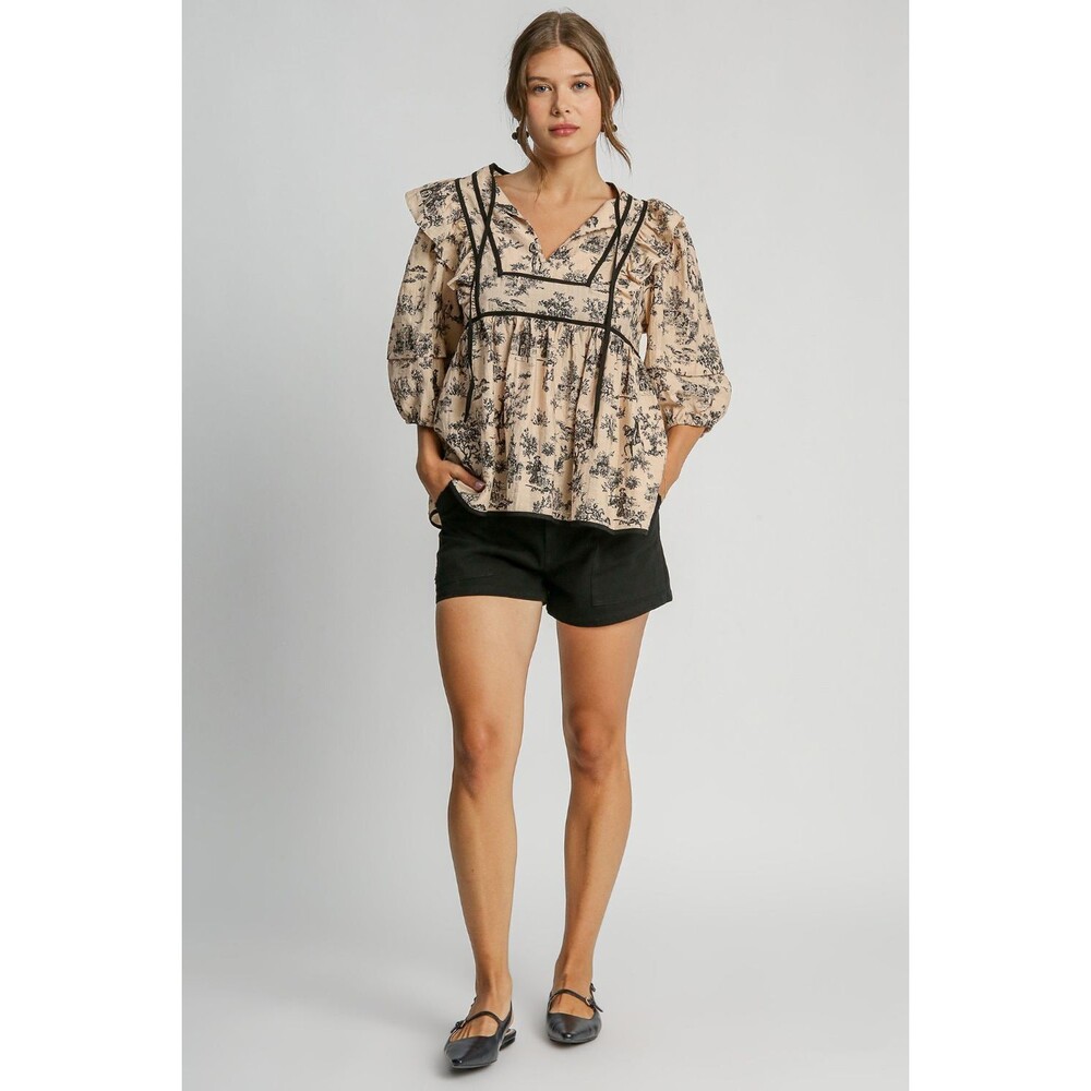 NFS Umgee Ruffled Tie Neck Puff Sleeve Babydoll Blouse - Picture 5 of 5